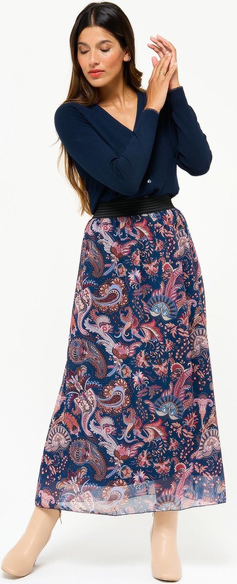 Maxi rok met voile en bloemen print - Marine Blauw