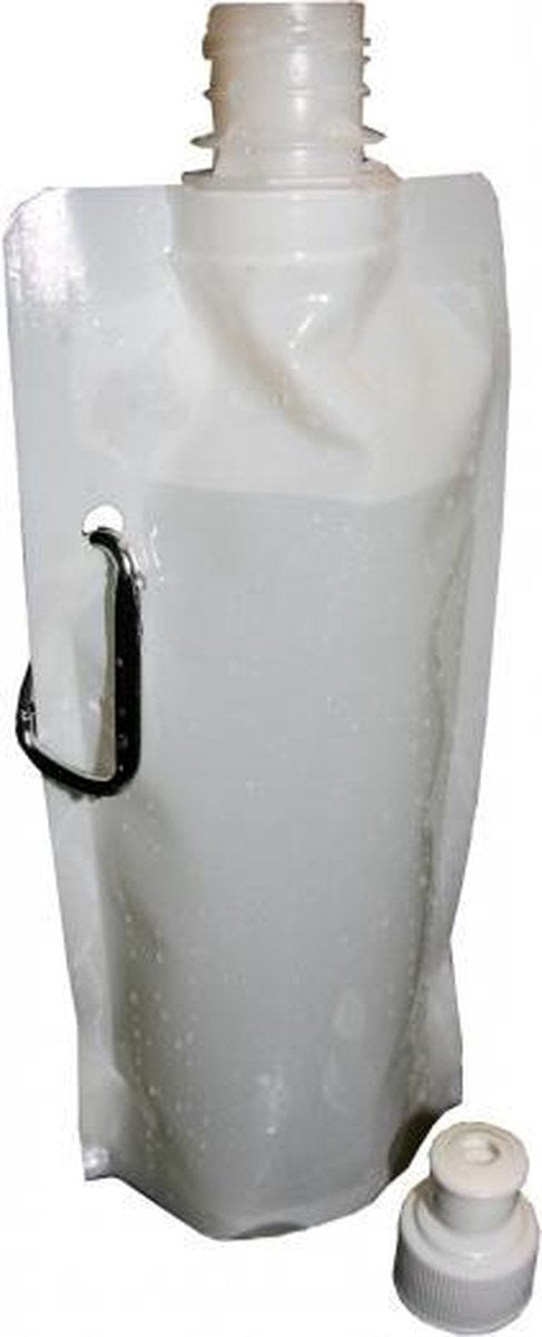 Set van 6x stuks waterzak / drinkfles met karabijnhaak - Wit - 400 ml - Opvouwbaar - Waterfles herbruikbaar met haak - Herbruikbare opvouwbare waterzakken - Festival Gadget
