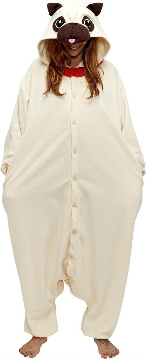 KIMU Onesie pug kinder pak mopshond kostuum hond - maat 128-134 - hondenpak jumpsuit pyjama