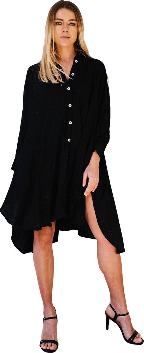 MALLORCA Blousejurk Dames van 100% Natuurlijk Tencel Stof en Organische Textielverf - Anti Allergie Overhemdjurk Dames Volwassenen / Zomerjurken / Strandjurk - Sneldrogende Jurken voor Vrouwen / Kleding Dames - Zwart