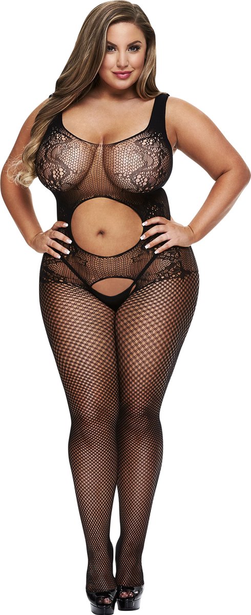 Baci - Open Front Crotchless Jacquard Bodystocking Queen Size