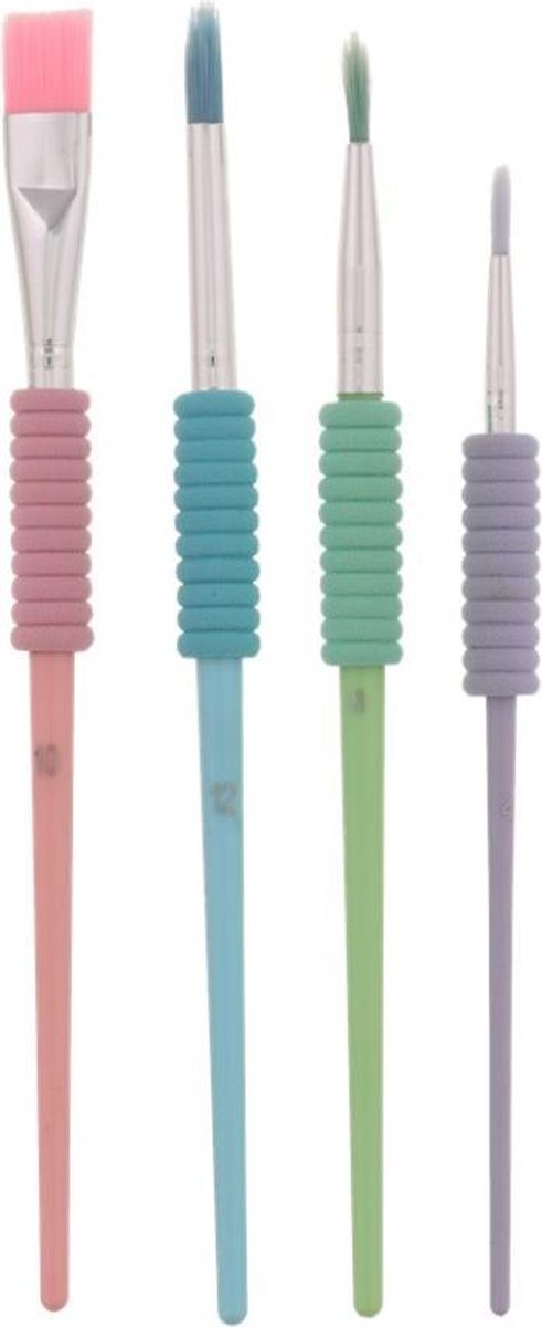 verf kwasjes 4 stuks met grip roze - blauw - paars -groen - paint brush set - pencelenset - kwastenset 4 verschillende maten