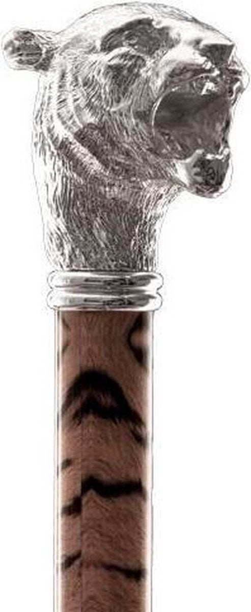 MadDeco - Tijger - met tijgerprint bewerkte Beukenhouten wandelstok met zilver verguld handvat - Italiaans design