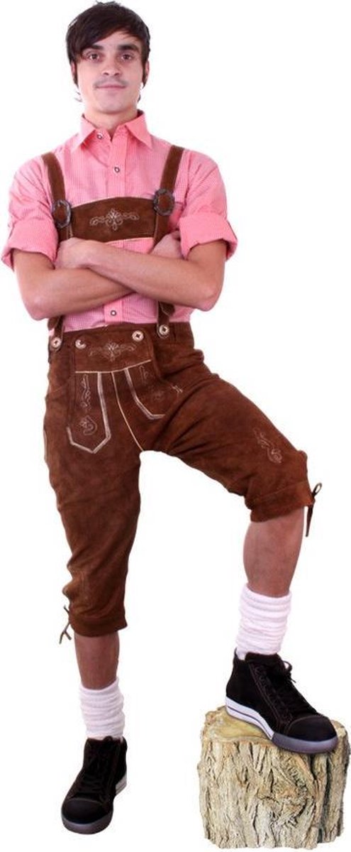 Lange lederhosen bruin echt leer - maat 52 L - Oktoberfest suede Tiroler cognacbruin driekwarts leren heren lederen broek Tirol lederhose bierfeest