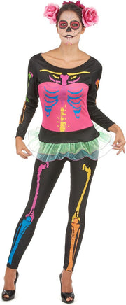Verkleedkostuum gekleurde skelet voor dames Halloween - Verkleedkleding - Large