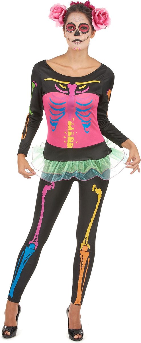 Verkleedkostuum gekleurde skelet voor dames Halloween - Verkleedkleding - Large