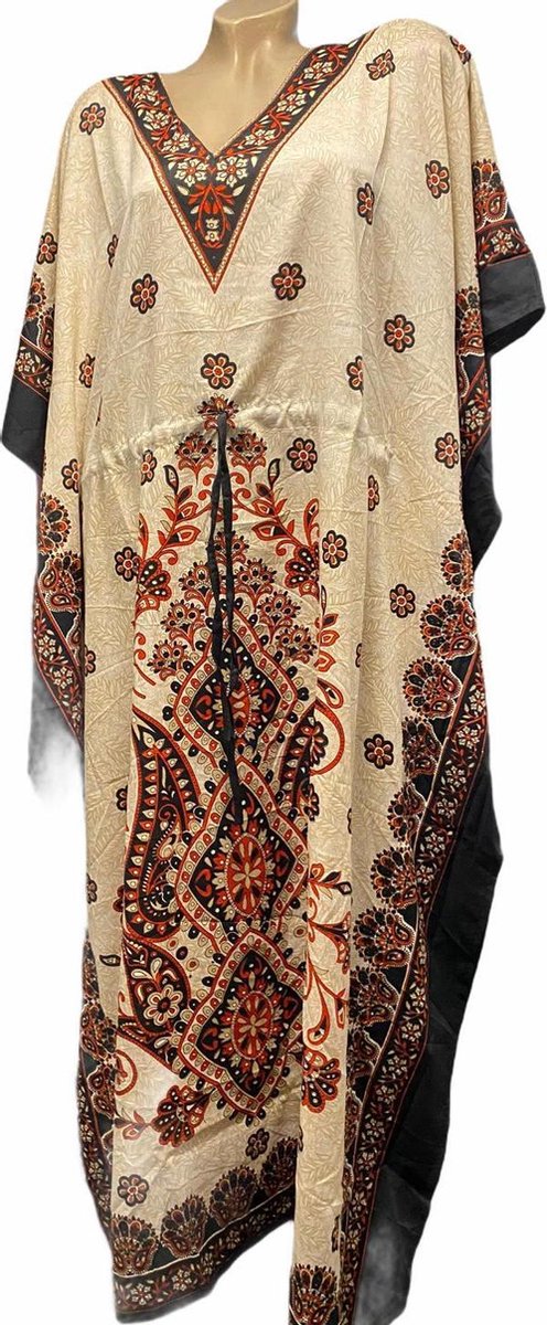 Dames kaftan met bloemenprint onesize 36-50 beige/zwart/rood