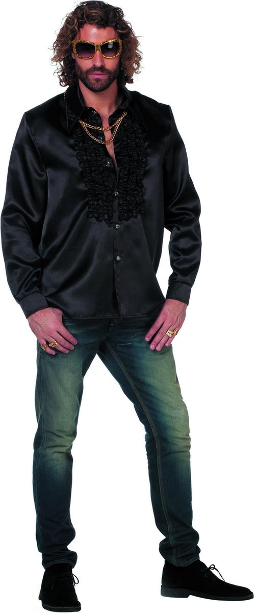Blouse met ruches zwart satijn voor heer