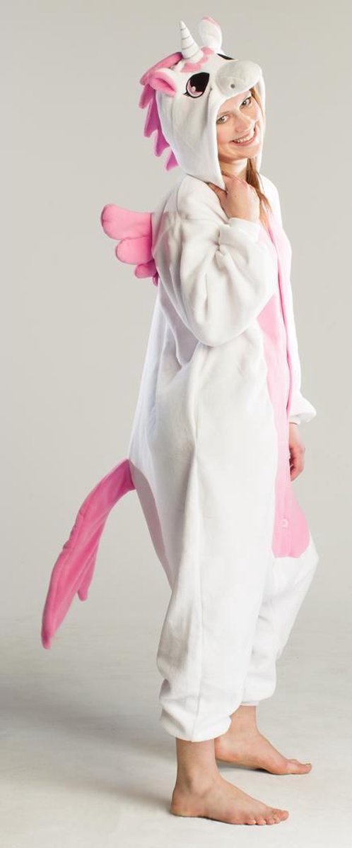 KIMU Onesie Pegasus kinder pak eenhoorn wit roze unicorn - maat 128-134 - eenhoornpak jumpsuit pyjama