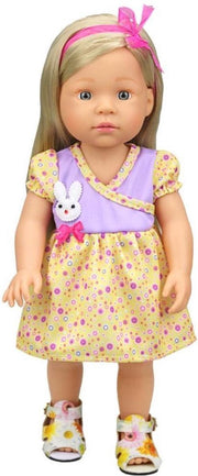 Dolldreams | Poppenkleertjes voor babypop - Geel/paars jurkje met konijntje en strikje geschikt voor poppen met lengte van circa 43 cm zoals Baby born