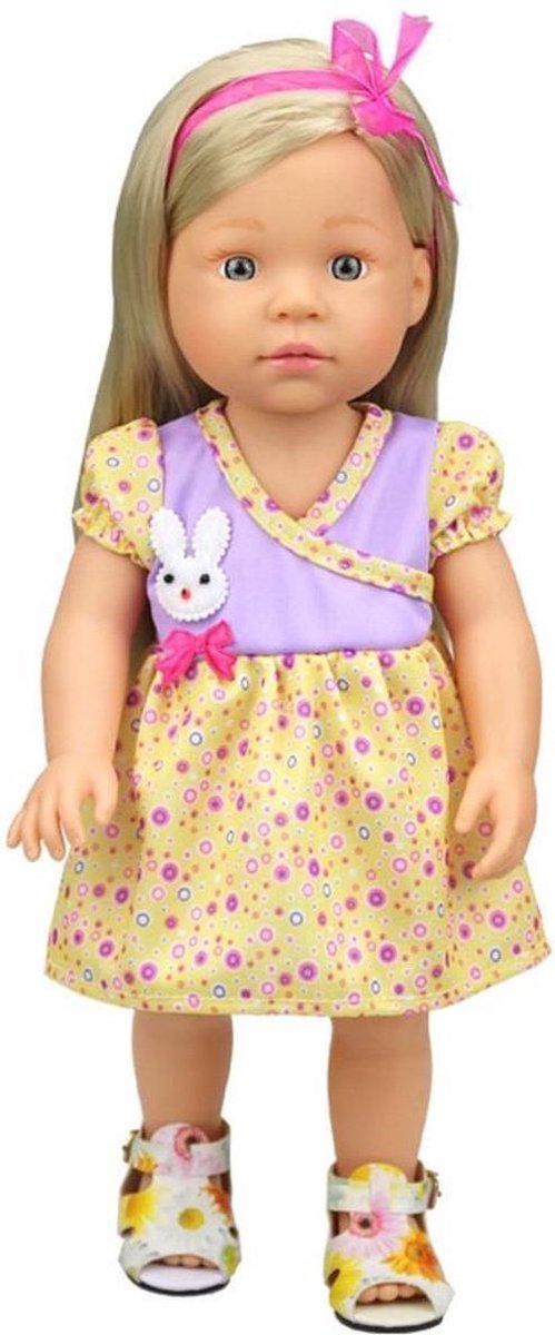 Dolldreams | Poppenkleertjes voor babypop - Geel/paars jurkje met konijntje en strikje geschikt voor poppen met lengte van circa 43 cm zoals Baby born