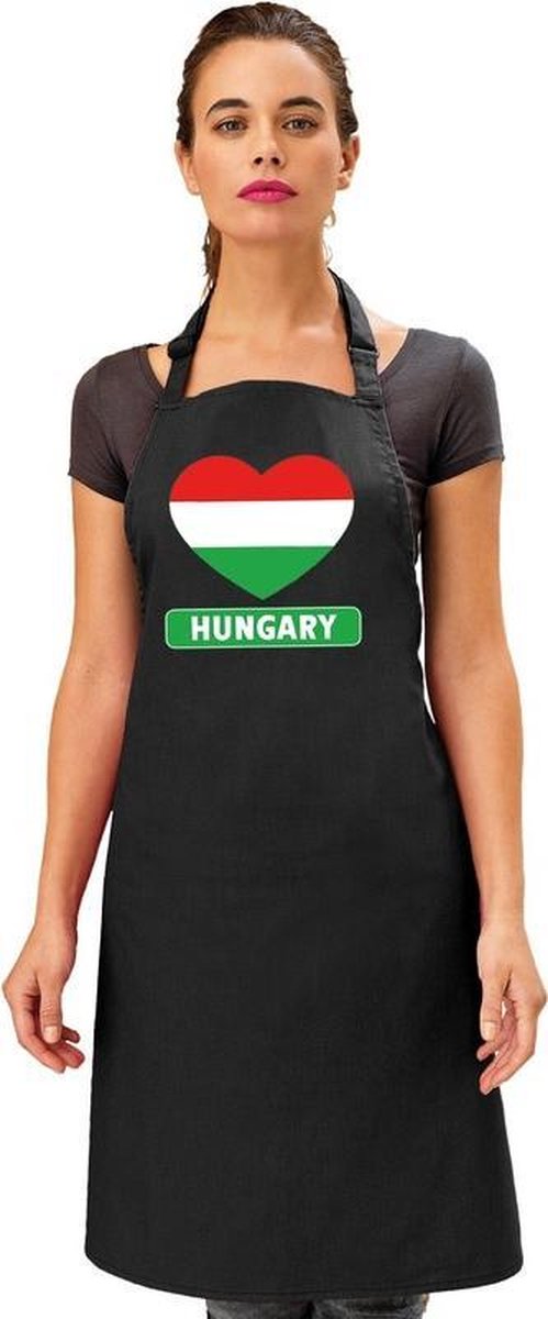 Hongaarse vlag in hart keukenschort/ barbecueschort zwart heren en dames - I love Hongarije schort