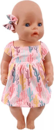 Poppenkleertjes - Geschikt voor Baby Born - Jurk met haarclip - Cactussen - Outfit voor babypop - Zomerkleding