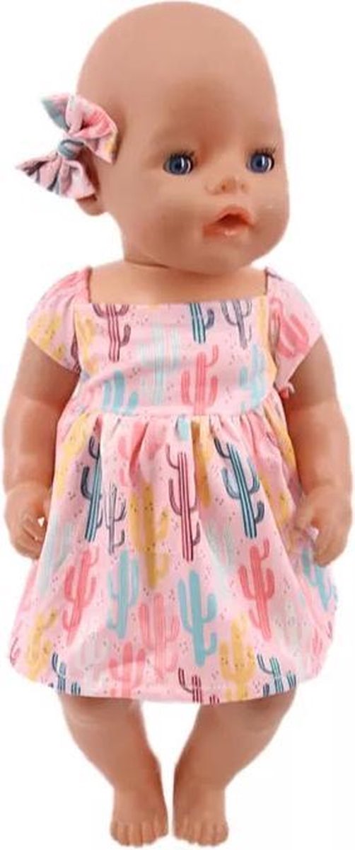 Poppenkleertjes - Geschikt voor Baby Born - Jurk met haarclip - Cactussen - Outfit voor babypop - Zomerkleding