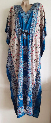 Dames kaftan olifantenprint met aantrekkoord en V hals one size 36-50 blauw