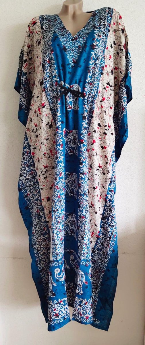 Dames kaftan olifantenprint met aantrekkoord en V hals one size 36-50 blauw