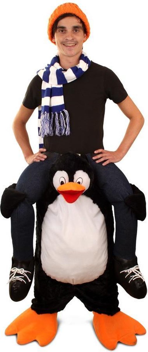 Gedragen door pinguin pak kostuum - alsof zittend op de nek - pinguinpak zwart wit