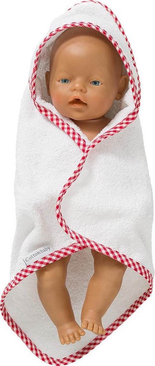 Cottonbaby poppenbadcape wit met rood geruit biesje