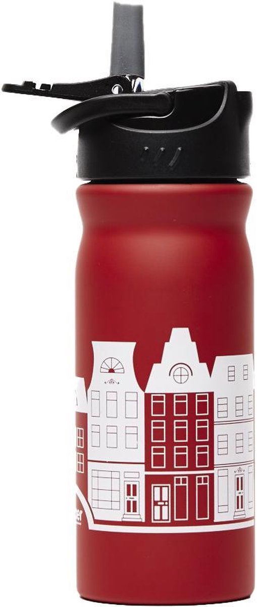 Retulp Dutchie Red Canal House - Drinkfles met rietje - Drinktuit - 400ML - Rood