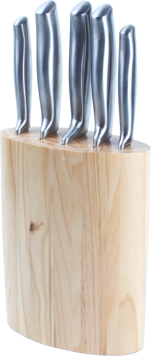 Messenblok dennenhout+5 keukenmes rvs heft