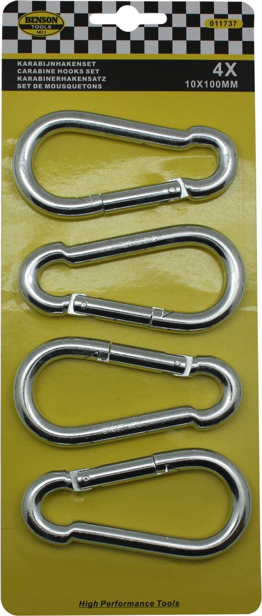Karabijnhaak - Karabijn - Karabijnhaken - Musketon - Musketonhaak - Musketonhaken - 10x100 mm - 4 Stuks