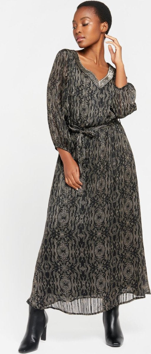 Maxi jurk met lurex en grafische print - Zwart