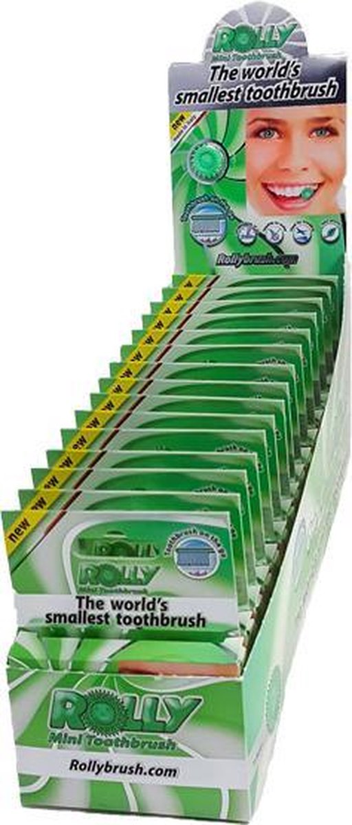 Rolly wegwerp tandenborstel. Mint aroma. Dispenser met 15 verpakkingen met een blister van 6 borstels.