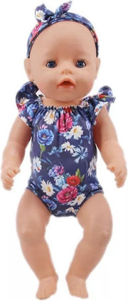 Poppenkleertjes - Geschikt voor Baby Born - Badpak met haarband - Blauw met bloemetjes - Zwemkleding