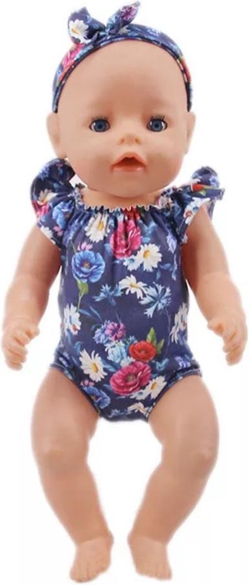 Poppenkleertjes - Geschikt voor Baby Born - Badpak met haarband - Blauw met bloemetjes - Zwemkleding
