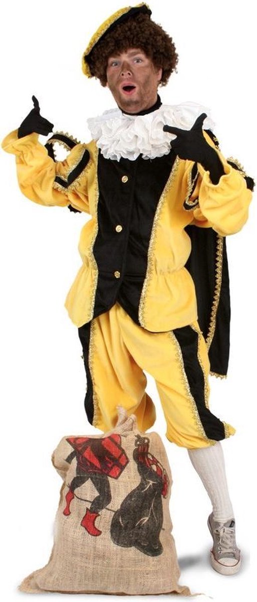 Luxe Piet pak geel maat XL/XXL + GRATIS PROFESSIONELE SCHMINK - kostuum voor buiten - pietenpak zwart goud Sinterklaas festival