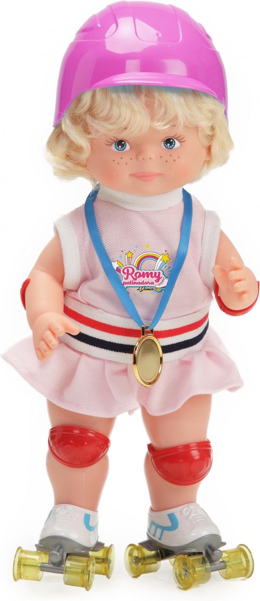 Falca Pop Romy 46 cm met roze helm en rolschaatsen