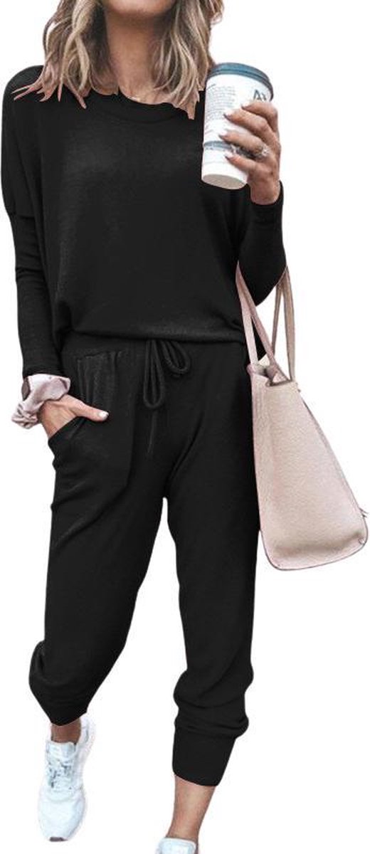 Stijlvolle Dames Zomer Huispak / Tracksuit / Joggingspak | 2-Delig Home Wear / Trainingspak | Sport Kleding | Zwart - M