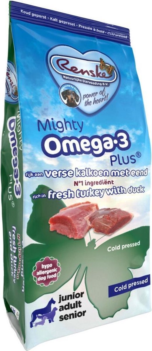 4x Renske Mighty Omega Plus Geperst Hondenvoer Kalkoen - Eend 3 kg