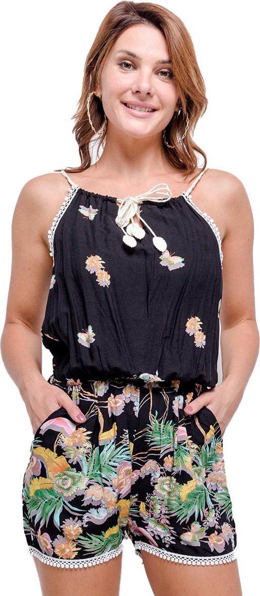 Dames Jumpsuit | playsuit | print |spaghettibandjes | Elastiek taille |M-L | zwart
