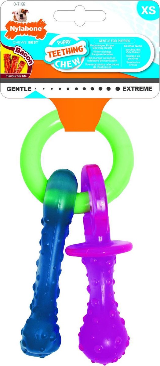Nylabone Puppy Teething Pacifier Flexible - Hondenspeelgoed - Bacon 215x100x38 mm 108 g Roze Blauw Groen Tot 11kg Small