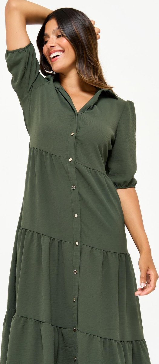 Lange overhemd jurk met korte mouwen - Khaki
