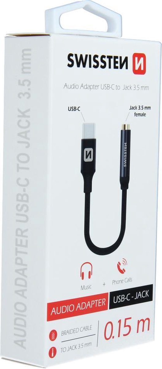 Swissten USB-C naar Jack 3.5MM(Aux) Adapter - Zwart