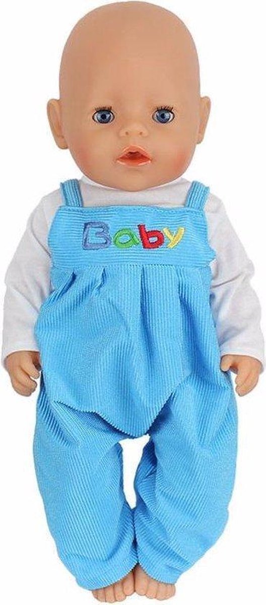 Dolldreams | Lichtblauw jumpsuit met tekst BABY en een wit shirtje voor poppen met lengte van ca. 43 cm zoals Baby born - Jongens pakje