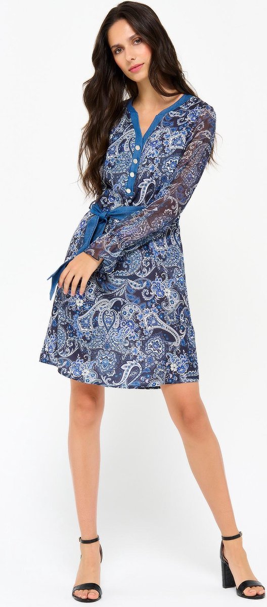 Halflange jurk met print en ceintuur - Marine Blauw
