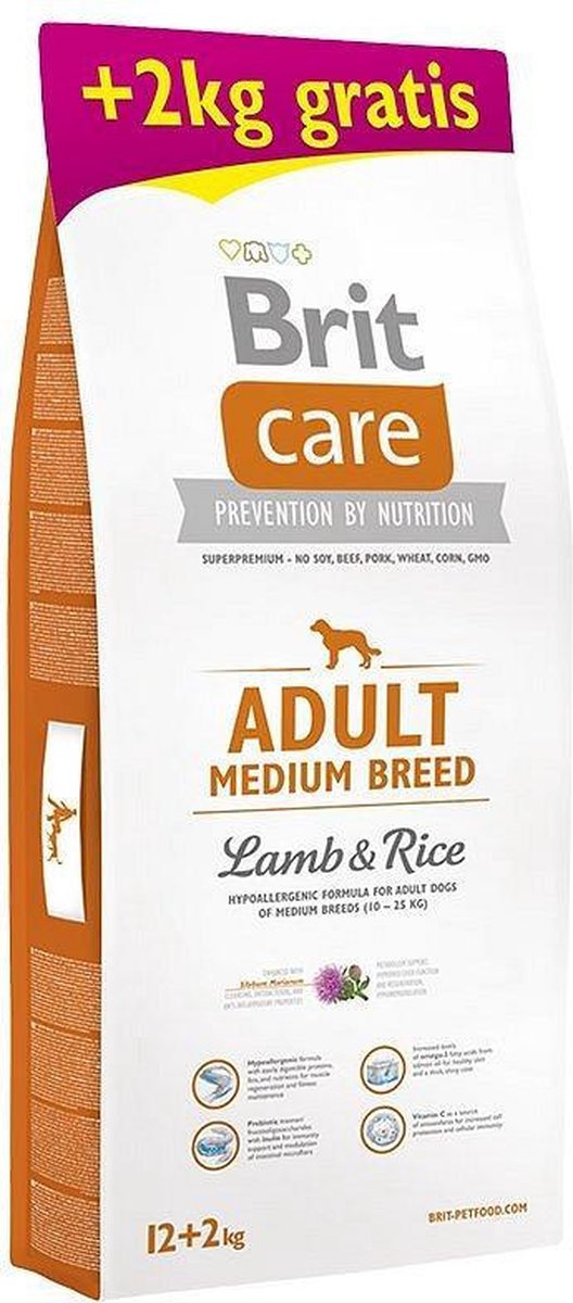 Brit care adult medium breed lam en rijst 12kg + 2 kg