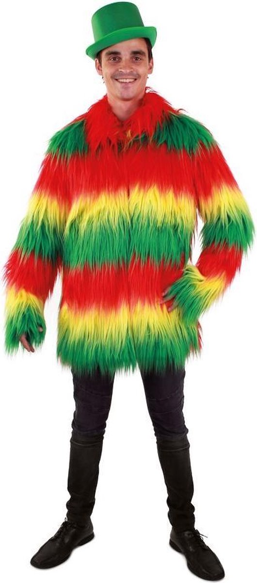 Langharige gekleurde bontjas rood geel groen heren - maat 60-62 XXL - fake fur jas nepbont pluche reggae Limburg