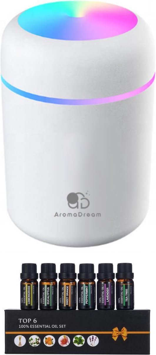 Aroma Dream Diffuser Luchtbevochtiger Wit 300 ML voor Aromatherapie - Incl. Giftbox Etherische Olie - Humidifier