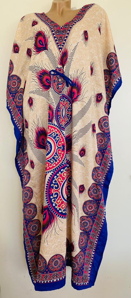Dames kaftan/jurk lang met verenprint onesize 36-50 beige/blauw/roze