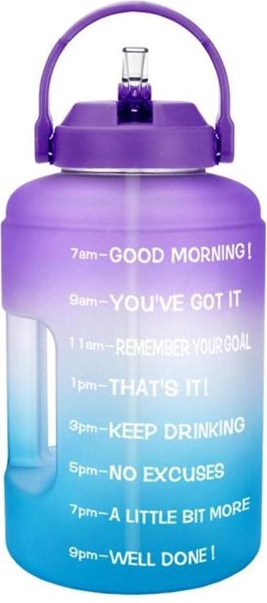 Drinkfles met Tekst - Waterbidon Buildlife 2.5 liter - Waterfles Quifit - Drinkflessen Volwassenen - Waterfles met Fruit Filter - Motivatie Waterfles - Sportfles Paars/Blauw