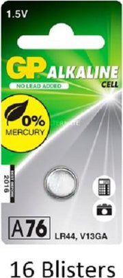 16 stuks (16 blisters a 1 stuks) GP Alkaline Cell A76/LR44 1.5V