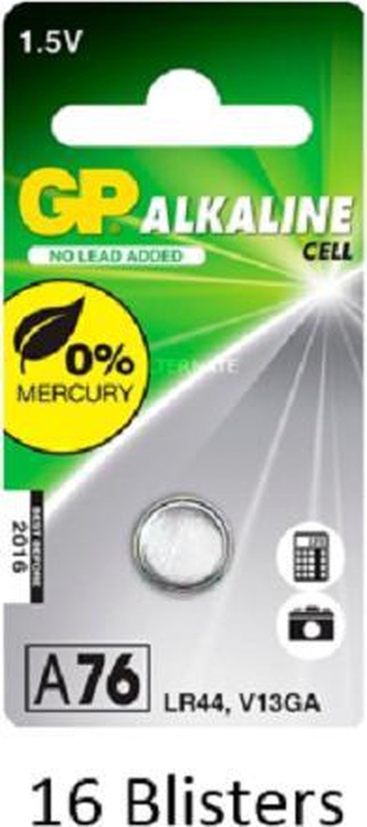 16 stuks (16 blisters a 1 stuks) GP Alkaline Cell A76/LR44 1.5V