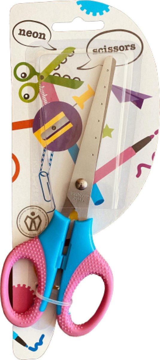RVS Kinderschaar met neon kleuren / Roze en Blauw circa 8CM