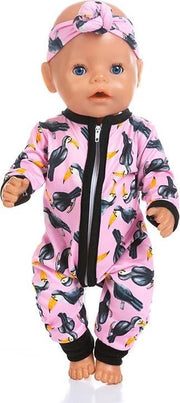 Poppenkleertjes - Geschikt voor Baby Born - Jumpsuit met haarband - Toekan - Roze