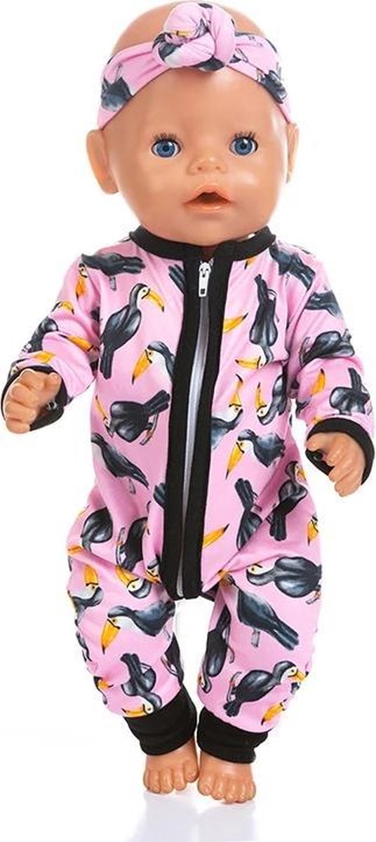Poppenkleertjes - Geschikt voor Baby Born - Jumpsuit met haarband - Toekan - Roze