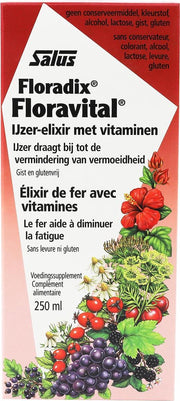 Salus Floradix Floravital – Bij vermoeidheid – Vegan vloeibaar ijzer-elixir met groente-extracten en vruchtenconcentraten – 250 ml